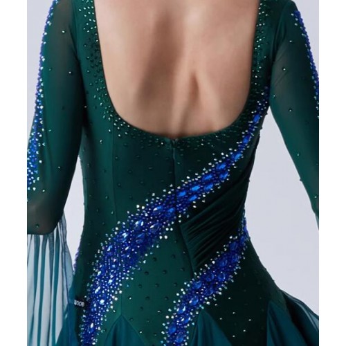 Customized size green with royal blue gradient competition ballroom dance dresses for women young girls with float sleeves gemstones bling waltz tango senior dance long gown